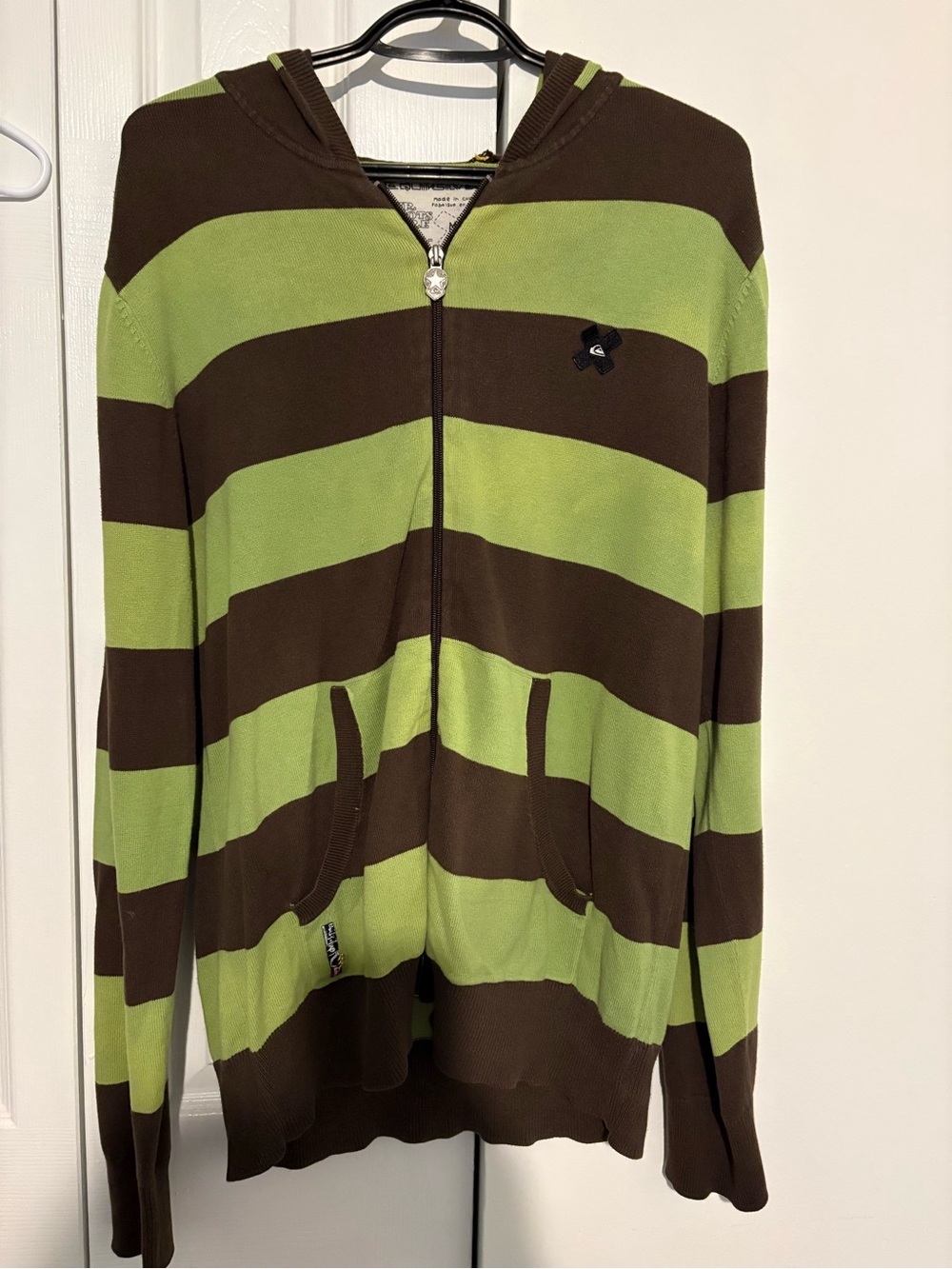 Vintage Quiksilver Y2K Striped Knit Slim Fit Zip Hoodie Green Brown Size M